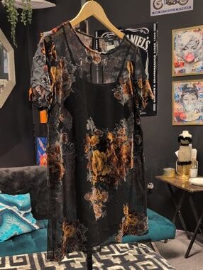 Sheer Black Floral Velvet Burnout Dress - Black/Gold Floral